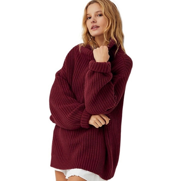 Free People Sweaters - NWT Free People Swim Too Deep Turtleneck Oversized Pullover Sweater Maroon. MED